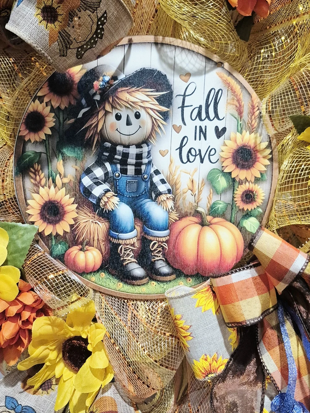 Fall In Love Sunflower Scarecrow Wreath - Yellow Orange Brown